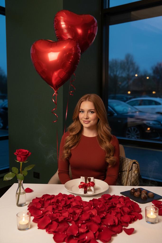 Luxury Valentine’s Dinner Photoshoot (Reddish-Brown Hair) — Nano Banana Pro AI Generated Image
