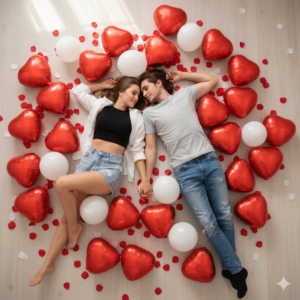 Romantic Overhead Shot with Heart Balloons — Nano Banana Pro AI Generated Image