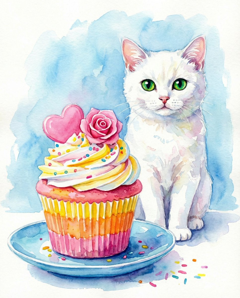 Watercolor Cat and Valentine's Cupcake — Nano Banana Pro AI Generated Image