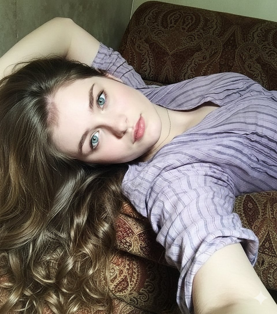 8K Photorealistic Close-Up Selfie Prompt on Ornate Couch — Nano Banana Pro AI Generated Image