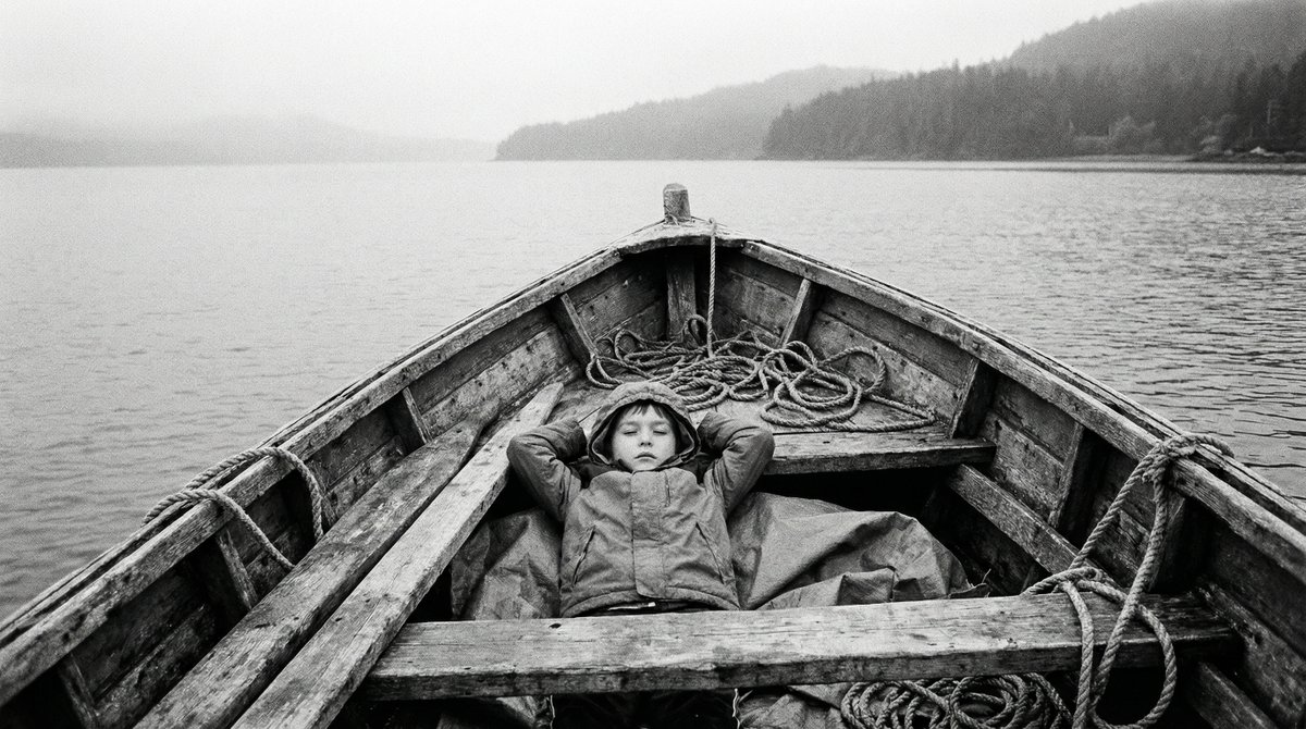 Black and White Documentary Photo of Child in Boat — Nano Banana Pro AI Generated Image