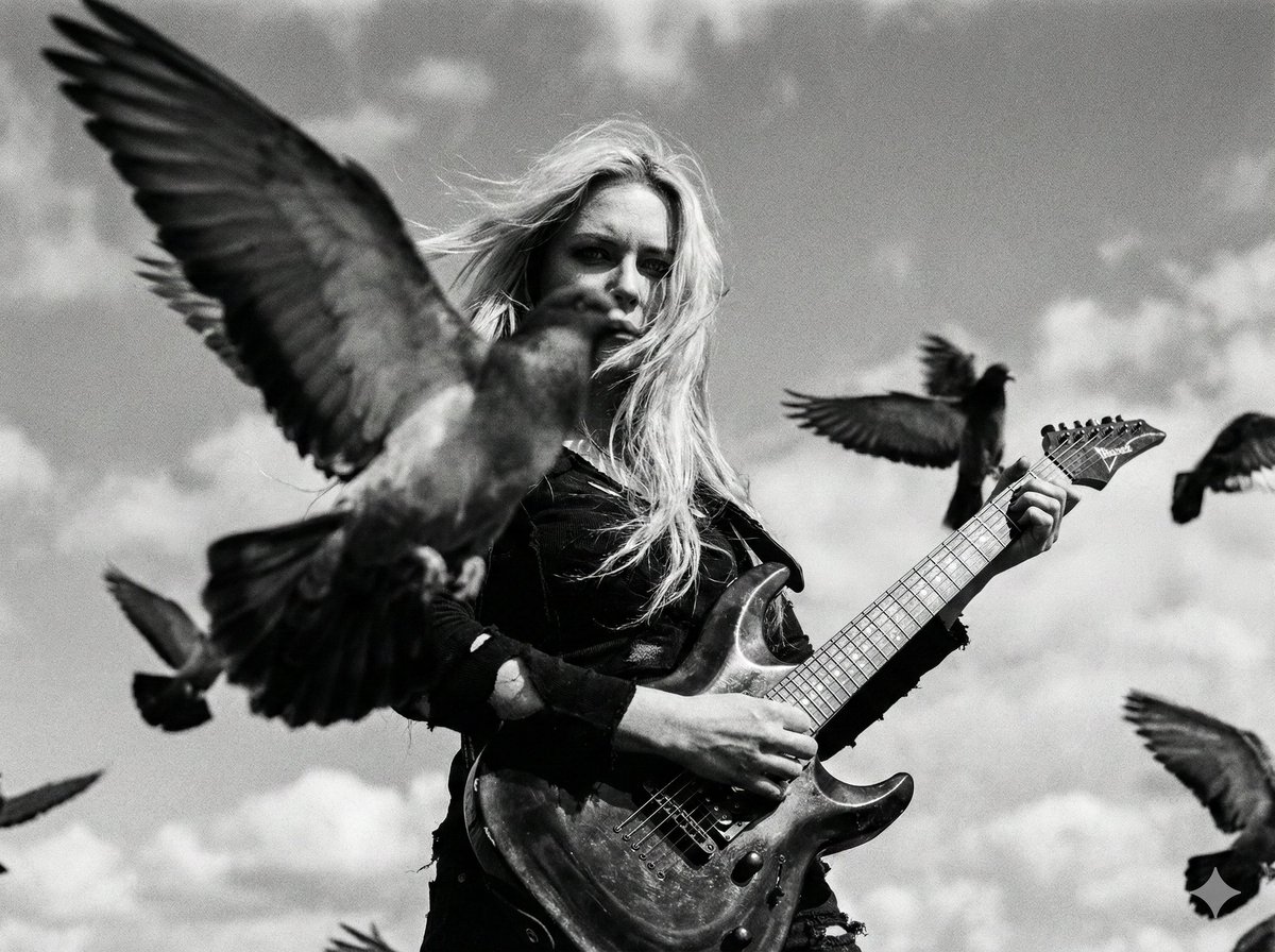 Cinematic Black and White Photo of Woman with Guitar and Pigeons — Nano Banana Pro AI Generated Image