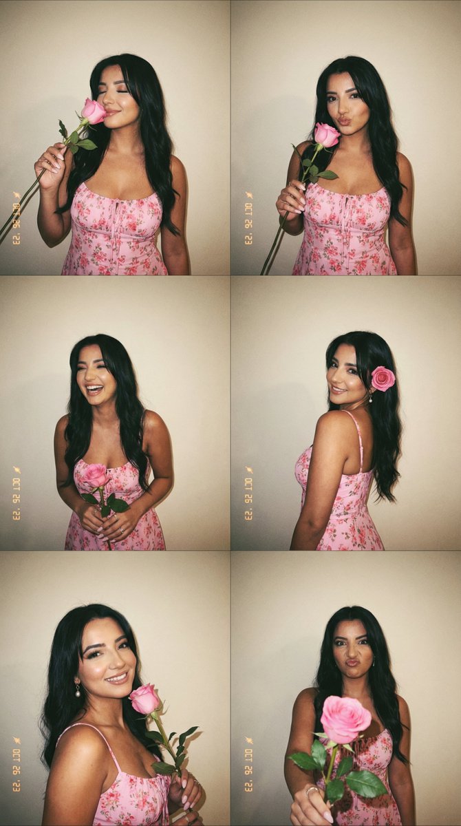 6-Panel Photobooth Grid with Pink Dress and Rose — Nano Banana Pro AI Generated Image