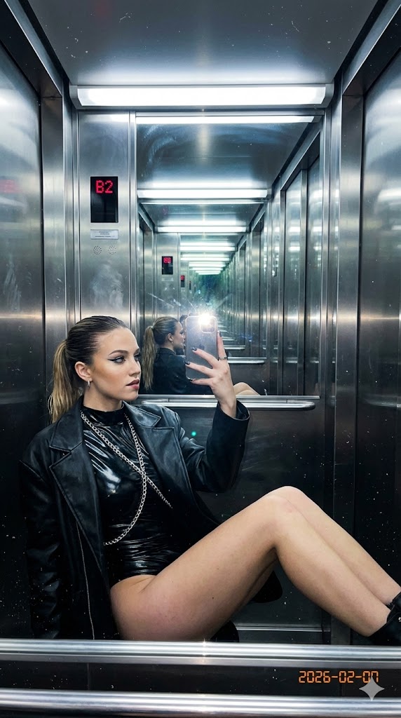 Raw Flash Mirror Selfie in Mirrored Elevator — Nano Banana Pro AI Generated Image
