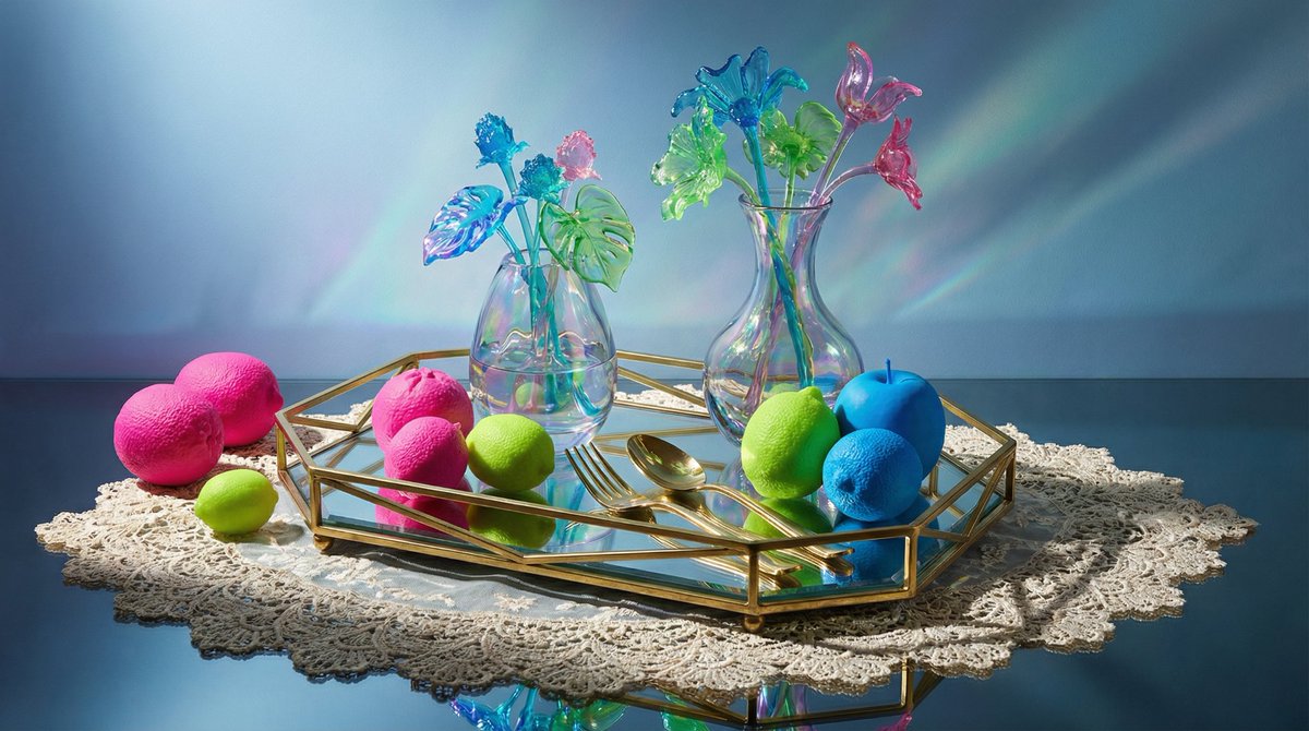 Maximalist Tabletop Arrangement Product Photography — Nano Banana Pro AI Generated Image