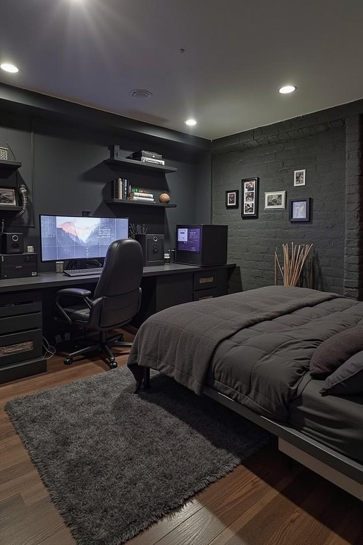 Photorealistic Modern Dark Bedroom and Workspace Interior — Nano Banana Pro AI Generated Image