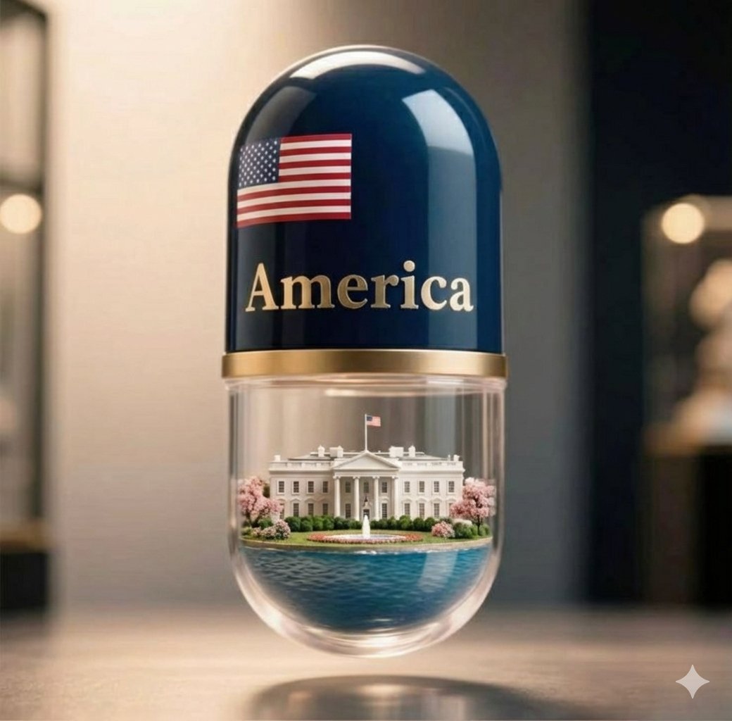Giant Pharmaceutical Capsule with White House Miniature — Nano Banana Pro AI Generated Image
