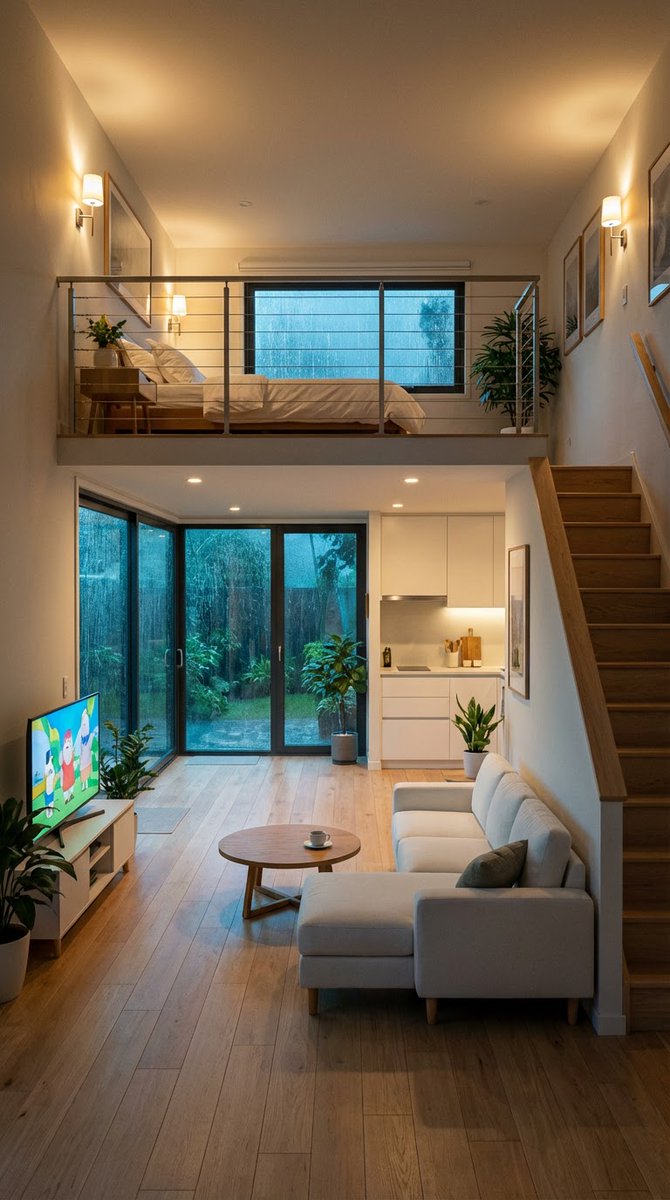 Cozy Split-Level Studio Apartment with Rainy Garden View — Nano Banana Pro AI Generated Image
