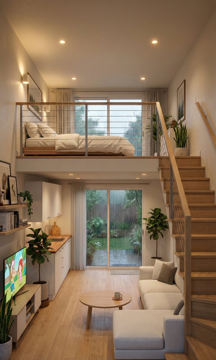 Cozy Split-Level Studio Apartment with Rainy Garden View (Structured) — Nano Banana Pro AI Generated Image