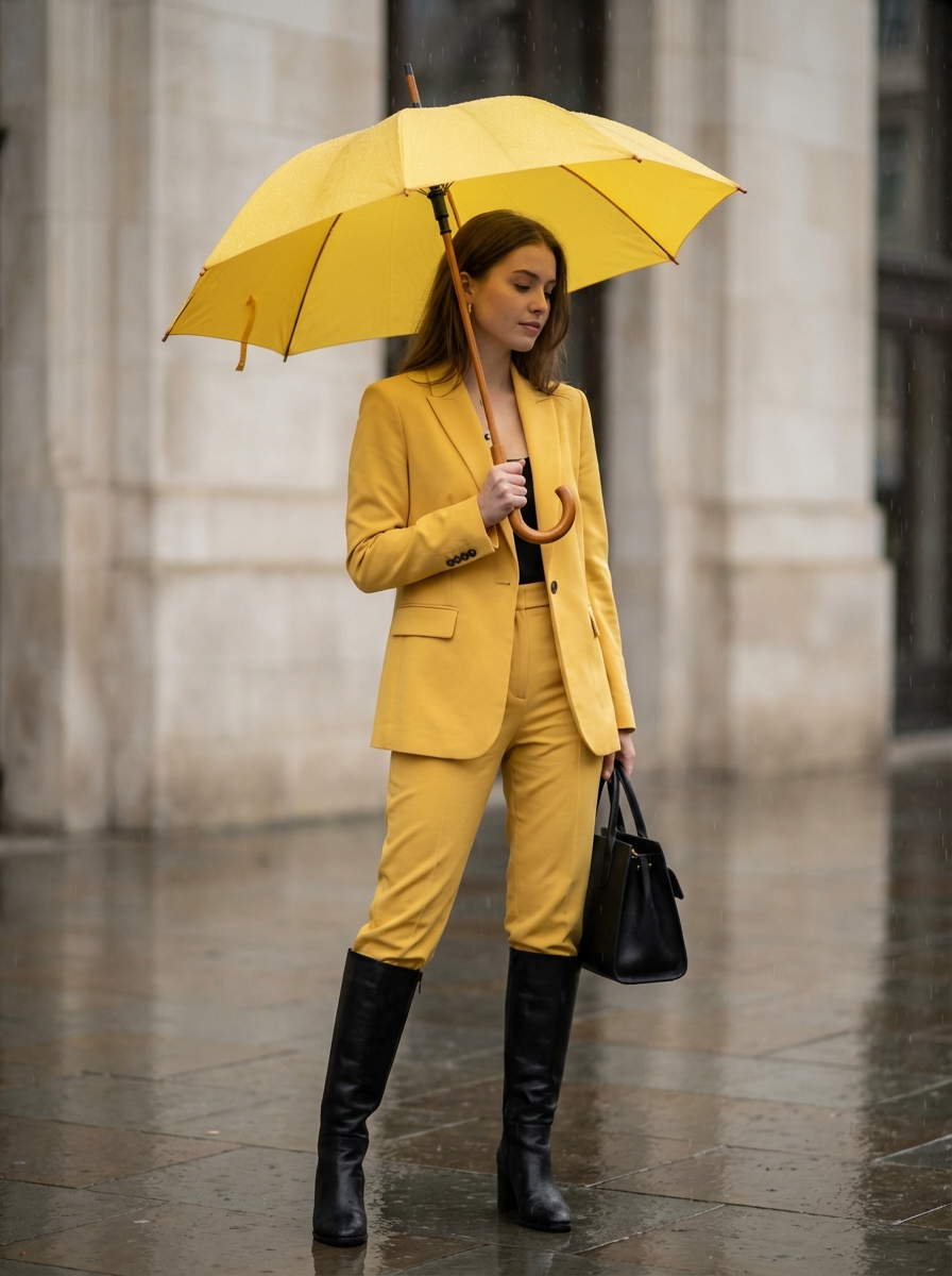 Rainy Day Yellow Power Suit Editorial Prompt — Nano Banana Pro AI Generated Image