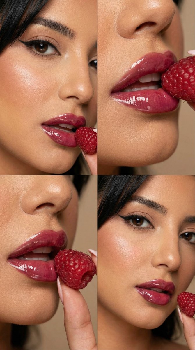 Raspberry Gloss Macro Editorial Grid Prompt — Nano Banana Pro AI Generated Image