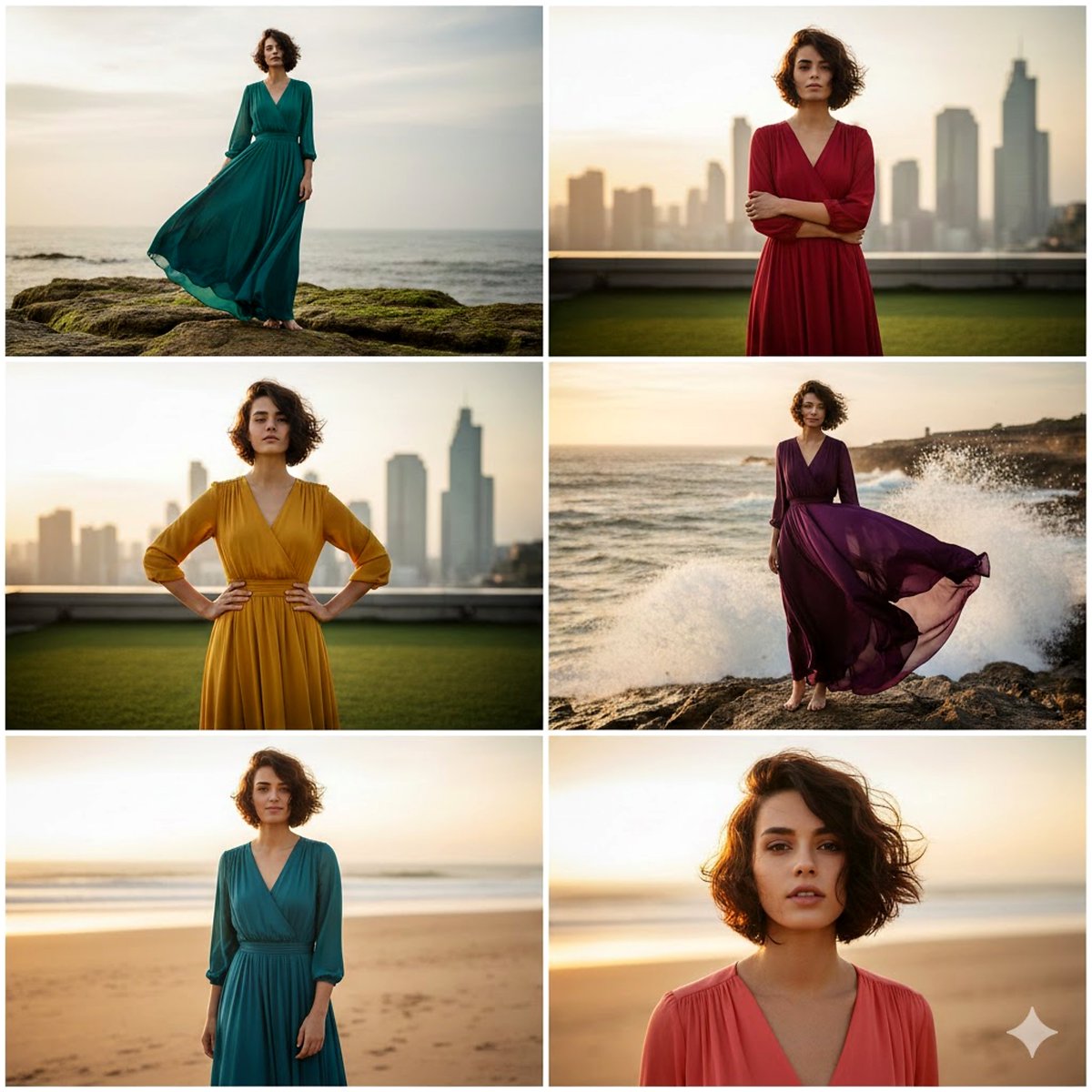 3x2 Collage of Woman in Flowing Dresses — Nano Banana Pro AI Generated Image
