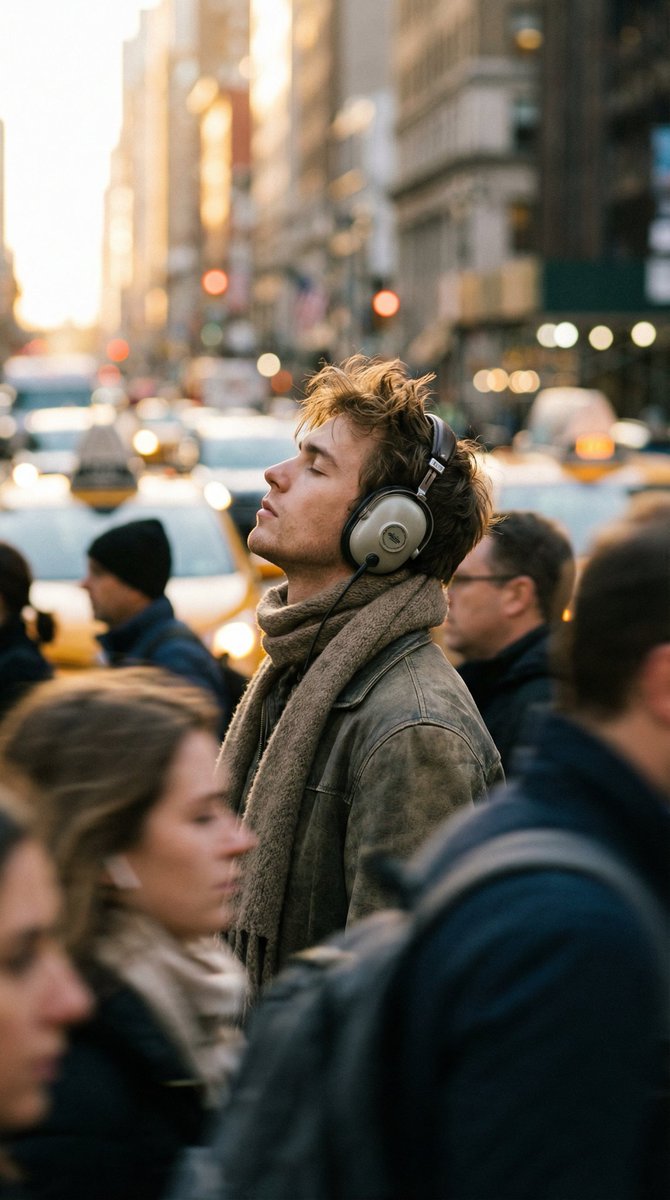 Introspective Man in Motion-Blurred City Crowd — Nano Banana Pro AI Generated Image