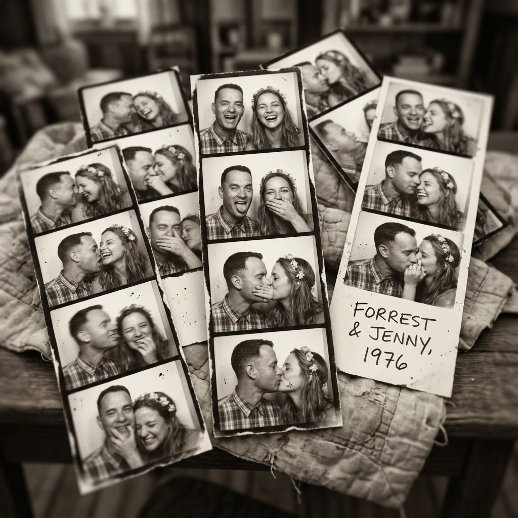 Forrest Gump & Jenny Analog Photobooth Collage — Nano Banana Pro AI Generated Image