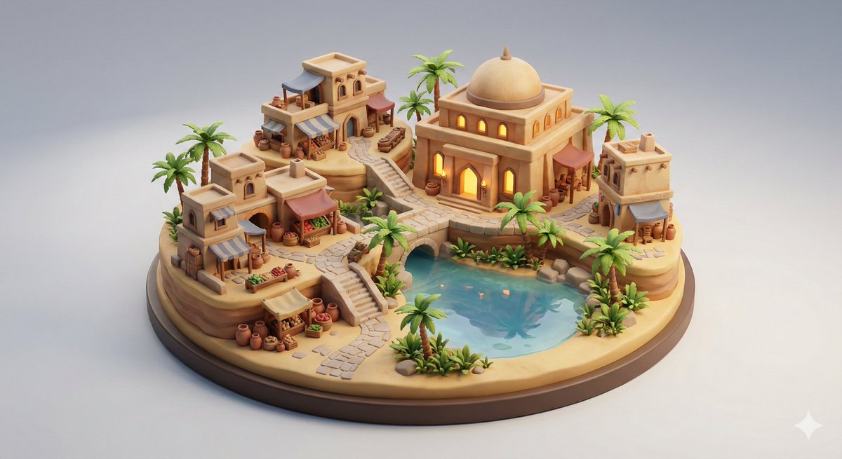 Collectible Miniature Diorama of a Developed Desert Oasis Settlement — Nano Banana Pro AI Generated Image