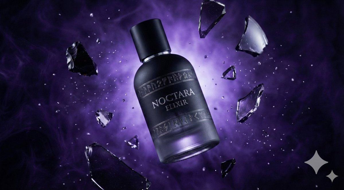 Matte Black Elixir Bottle with Purple Smoke Background — Nano Banana Pro AI Generated Image