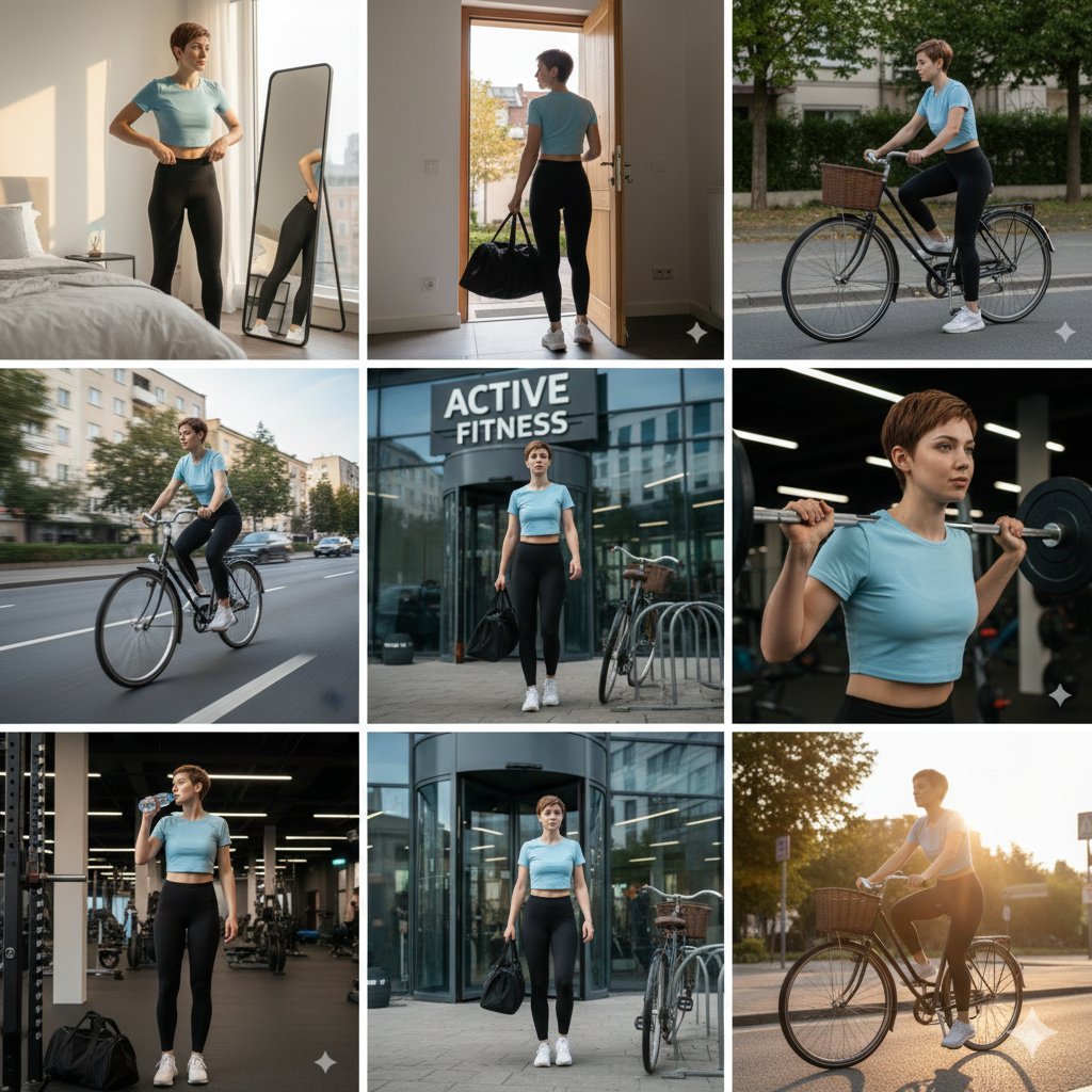 Ultra-realistic cinematic 9-photo collage of a gym girl's fitness journey — Nano Banana Pro AI Generated Image