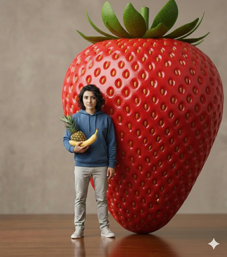 Hyper-realistic Giant Strawberry with Tiny Subject — Nano Banana Pro AI Generated Image