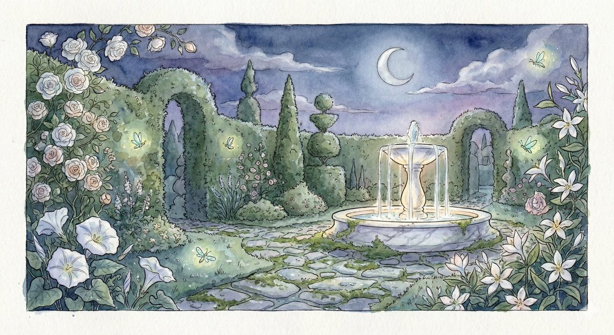 Watercolor Illustration of a Magical Garden at Midnight — Nano Banana Pro AI Generated Image