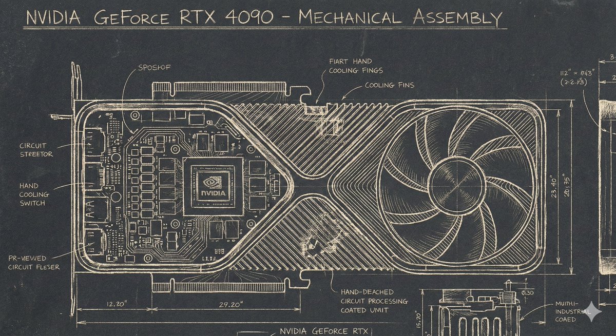 Sgraffito Mechanical Blueprint of NVIDIA 4090 GPU — Nano Banana Pro AI Generated Image
