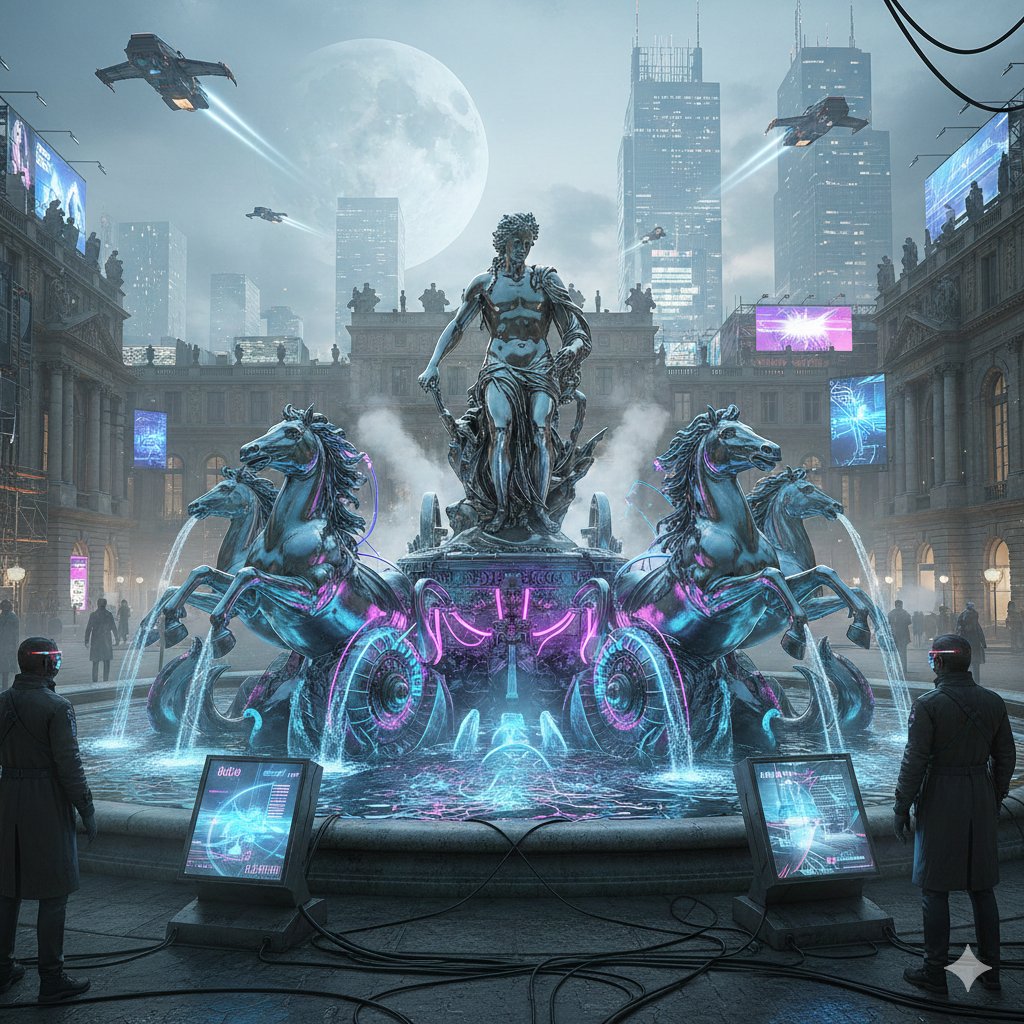 Cyberpunk Apollo's Fountain Generation — Nano Banana Pro AI Generated Image
