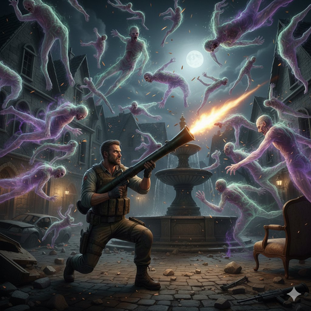Resident Evil Rocket Launcher with Ethereal Mobs — Nano Banana Pro AI Generated Image