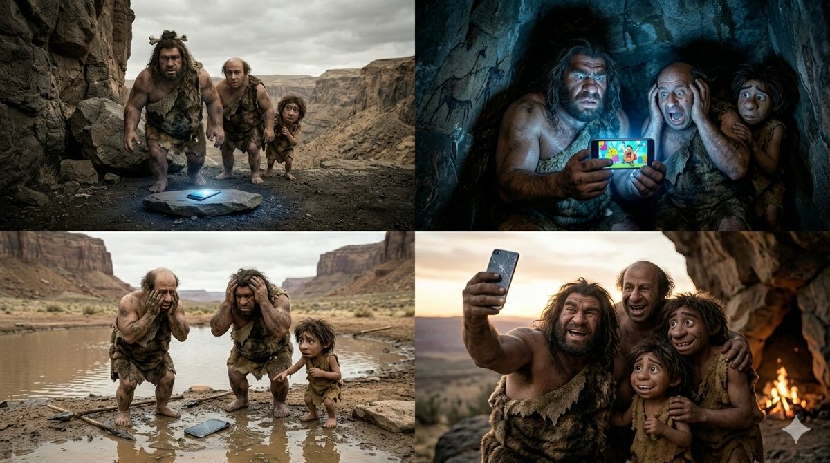 Funny 4-Part Story: Primitive Men and a Mobile Phone — Nano Banana Pro AI Generated Image