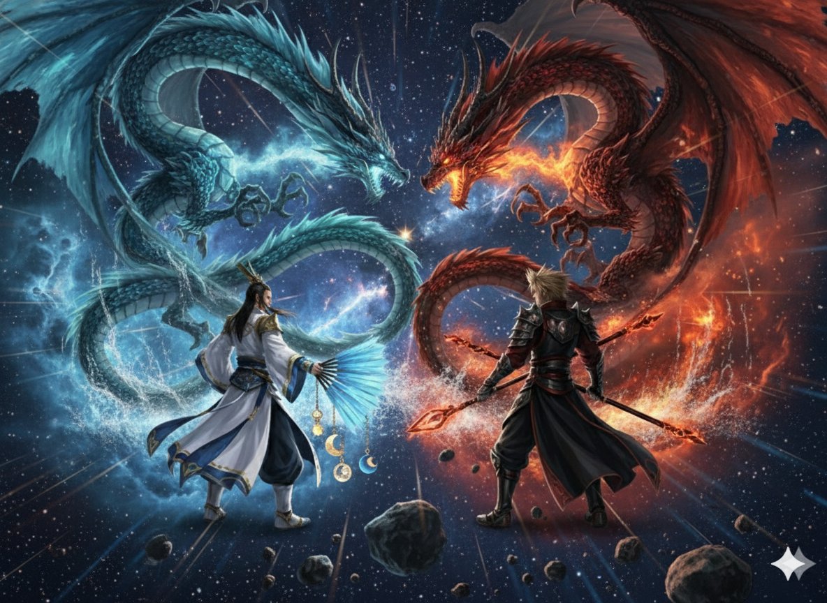 Image generation prompt for Nano Banana Pro: Zhuge Liang vs. Sima Yi in a Final Fantasy X style cosmic battle — Nano Banana Pro AI Generated Image