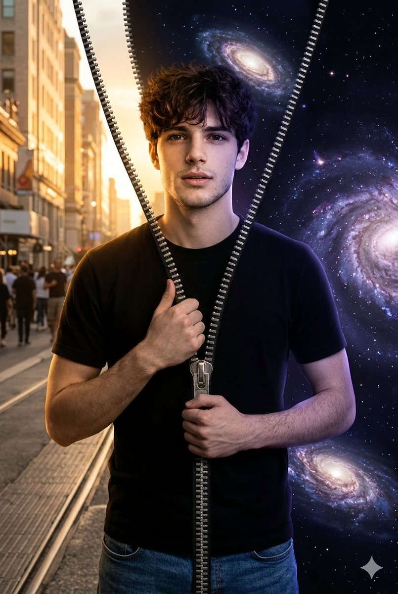 Conceptual Portrait of Man Zipping Reality Open to Cosmic Void — Nano Banana Pro AI Generated Image