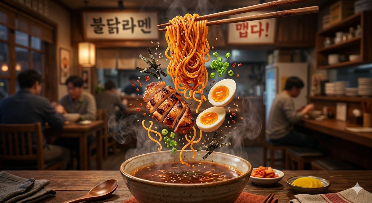 Cinematic Food Commercial Shot of Deconstructed Buldak Ramen — Nano Banana Pro AI Generated Image