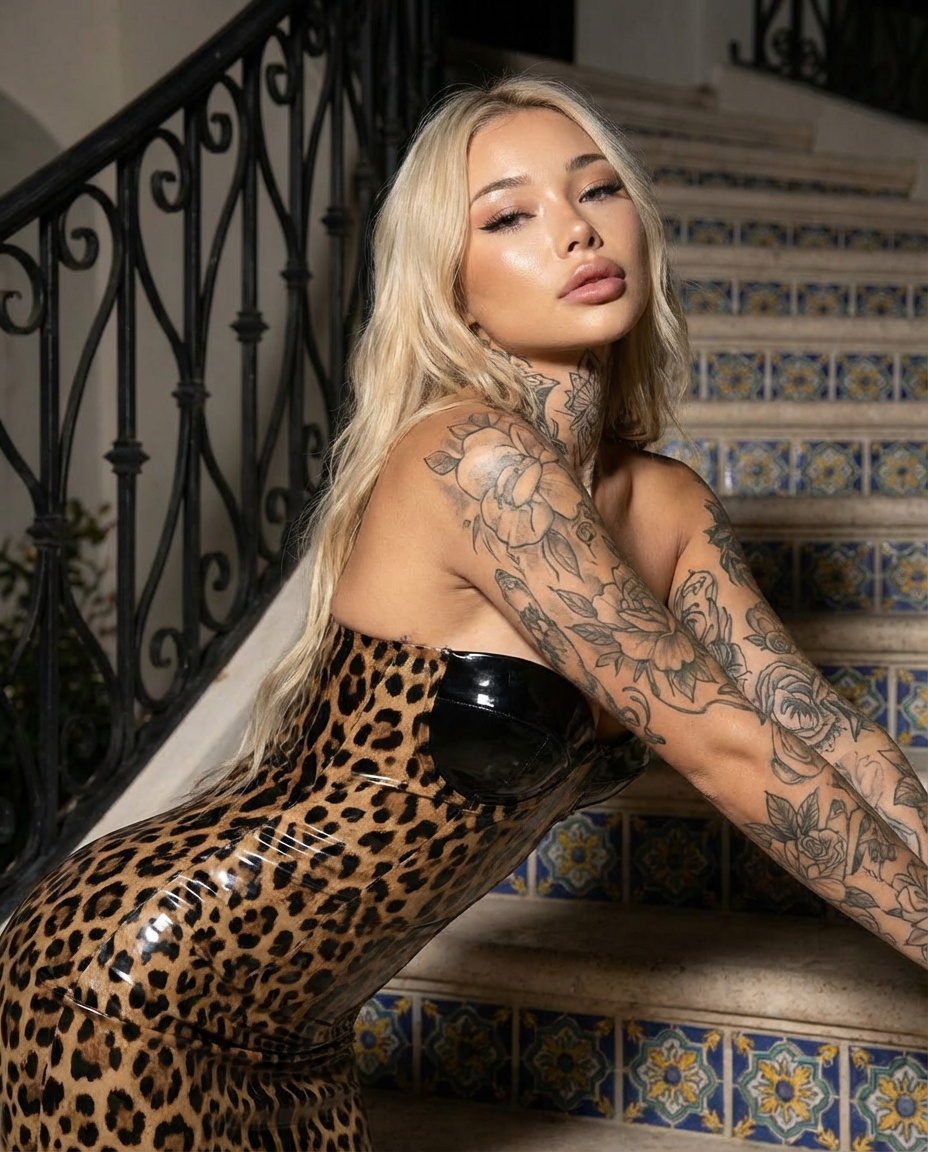 Glamorous Blonde Woman in Leopard Latex with Floral Tattoos — Nano Banana Pro AI Generated Image