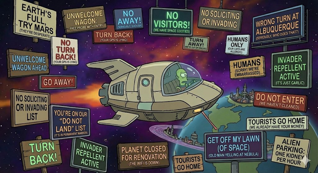 Futurama-style spaceship and warning signs — Nano Banana Pro AI Generated Image
