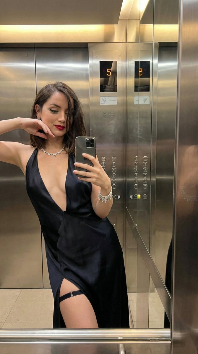Luxury Elevator Mirror Selfie in Deep V-Neck Dress — Nano Banana Pro AI Generated Image