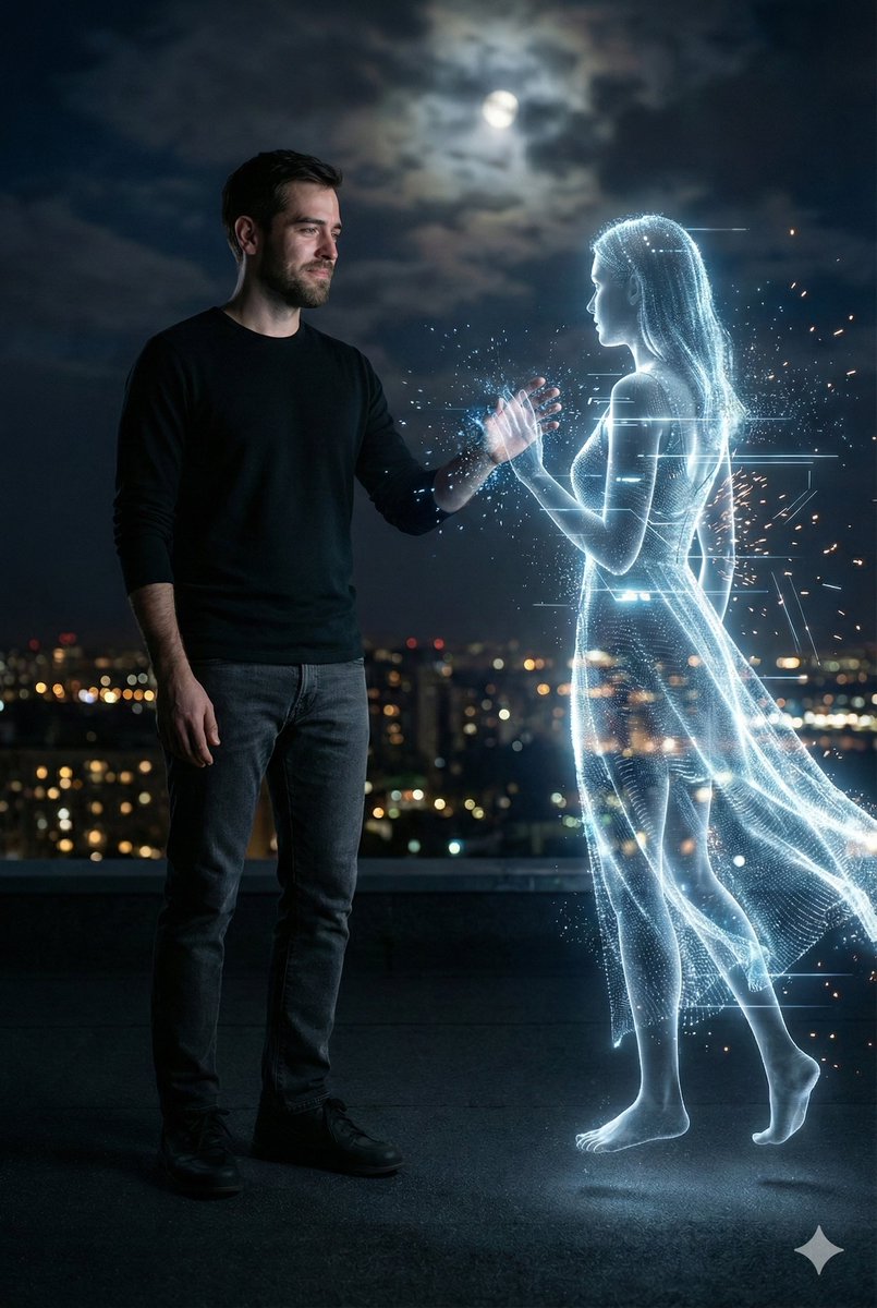 Cinematic Night Rooftop Scene with Hologram — Nano Banana Pro AI Generated Image