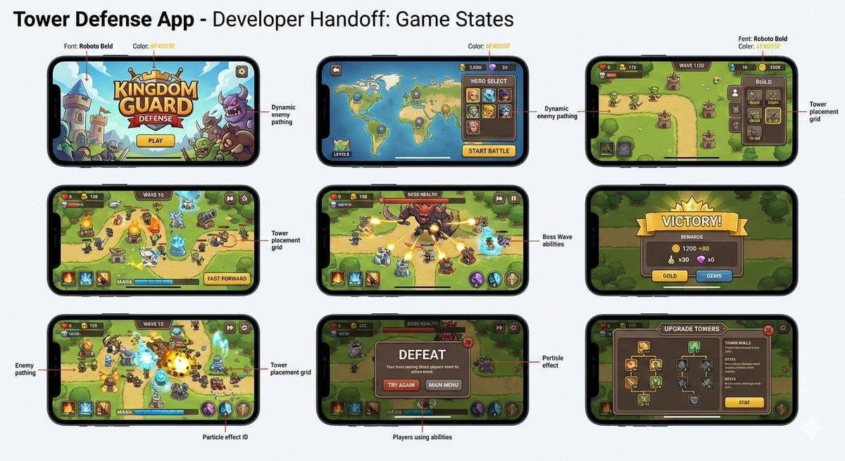 Tower defense mobile app design mockup grid — Nano Banana Pro AI Generated Image