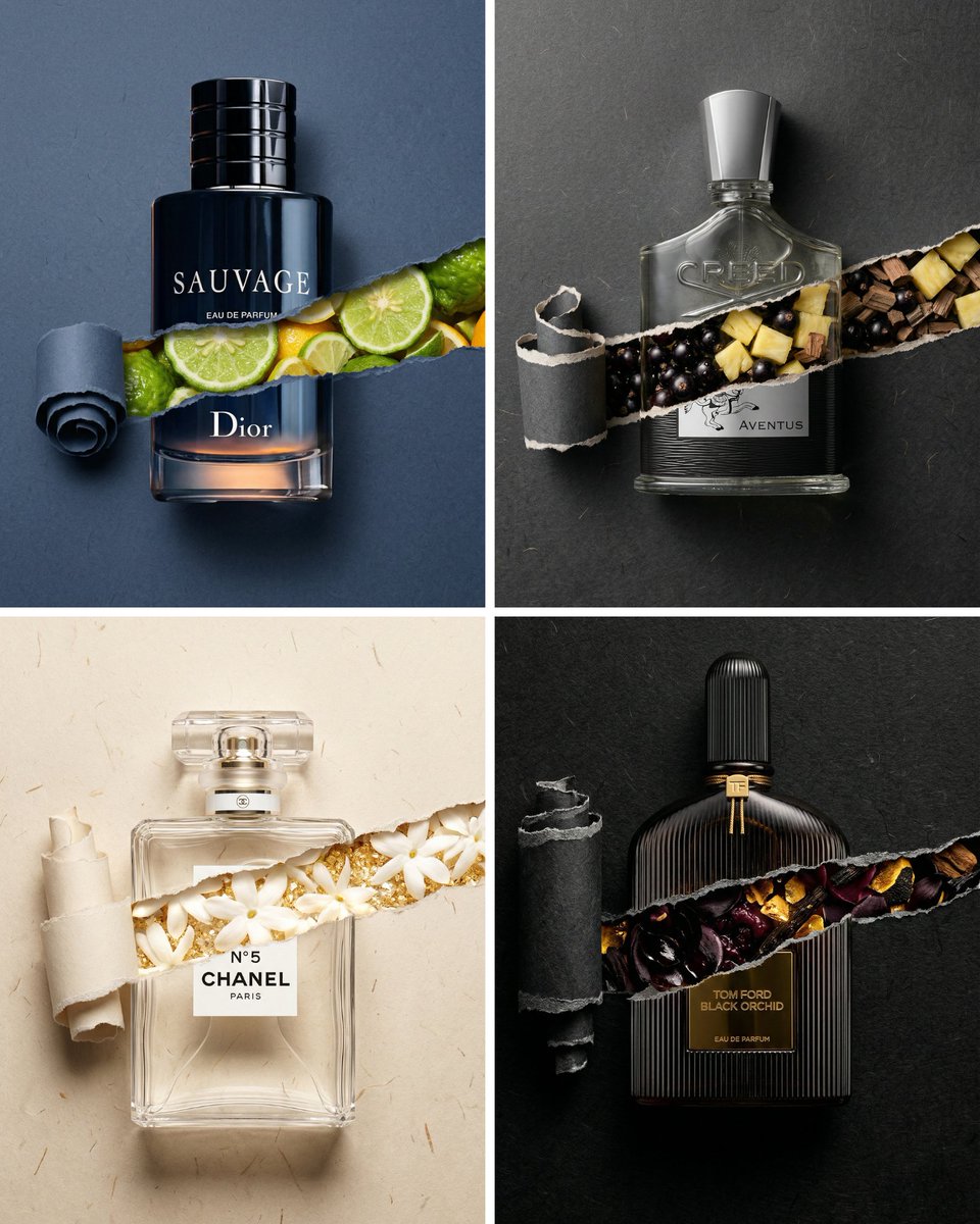 Perfume Bottle Product Shot with Torn Paper Effect — Nano Banana Pro AI Generated Image