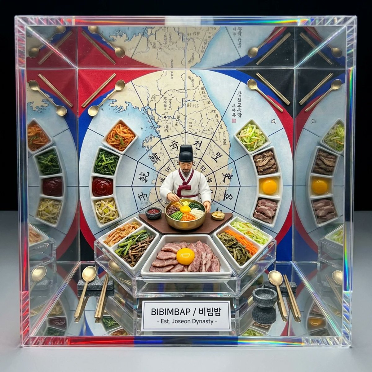 Kaleidoscopic Food Diorama in Acrylic Box — Nano Banana Pro AI Generated Image