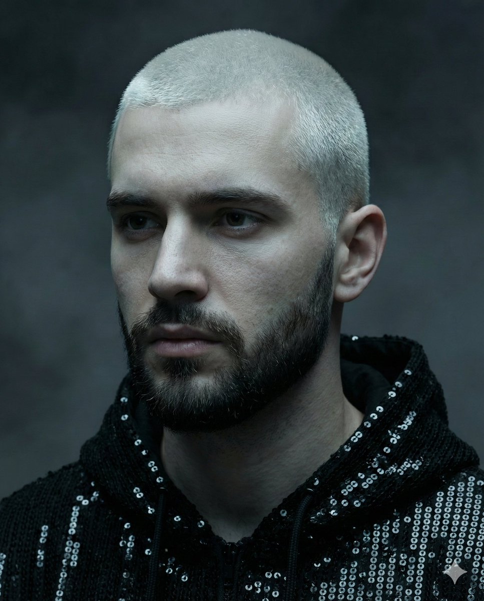 Hyper-realistic portrait of a young man with platinum buzz cut — Nano Banana Pro AI Generated Image