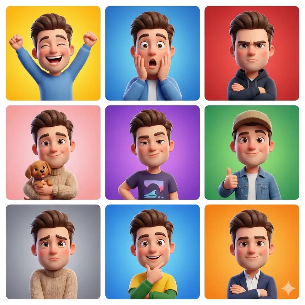 3D Cartoon Avatar Character Grid Prompt (Pixar Style) — Nano Banana Pro AI Generated Image