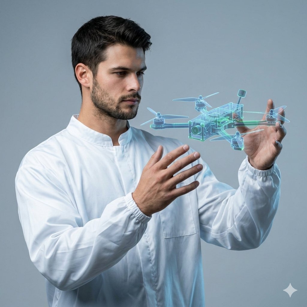 Man Holding Holographic Drone Prompt — Nano Banana Pro AI Generated Image