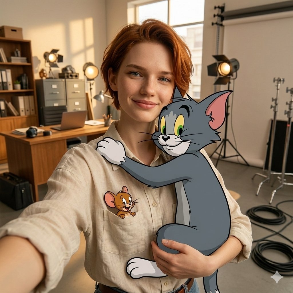 First-Person Selfie Hugging Stylized Tom and Jerry — Nano Banana Pro AI Generated Image
