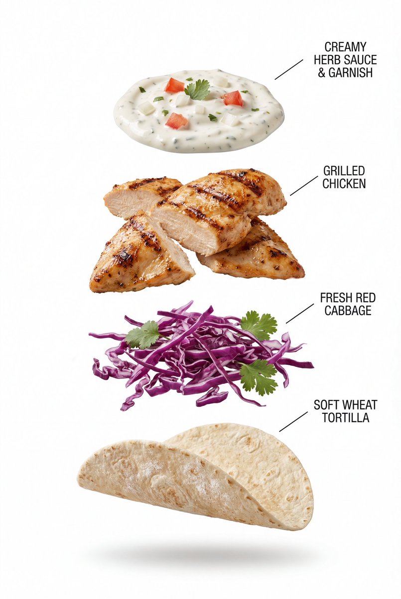 Exploded View Grilled Chicken Taco Product Photography — Nano Banana Pro AI Generated Image