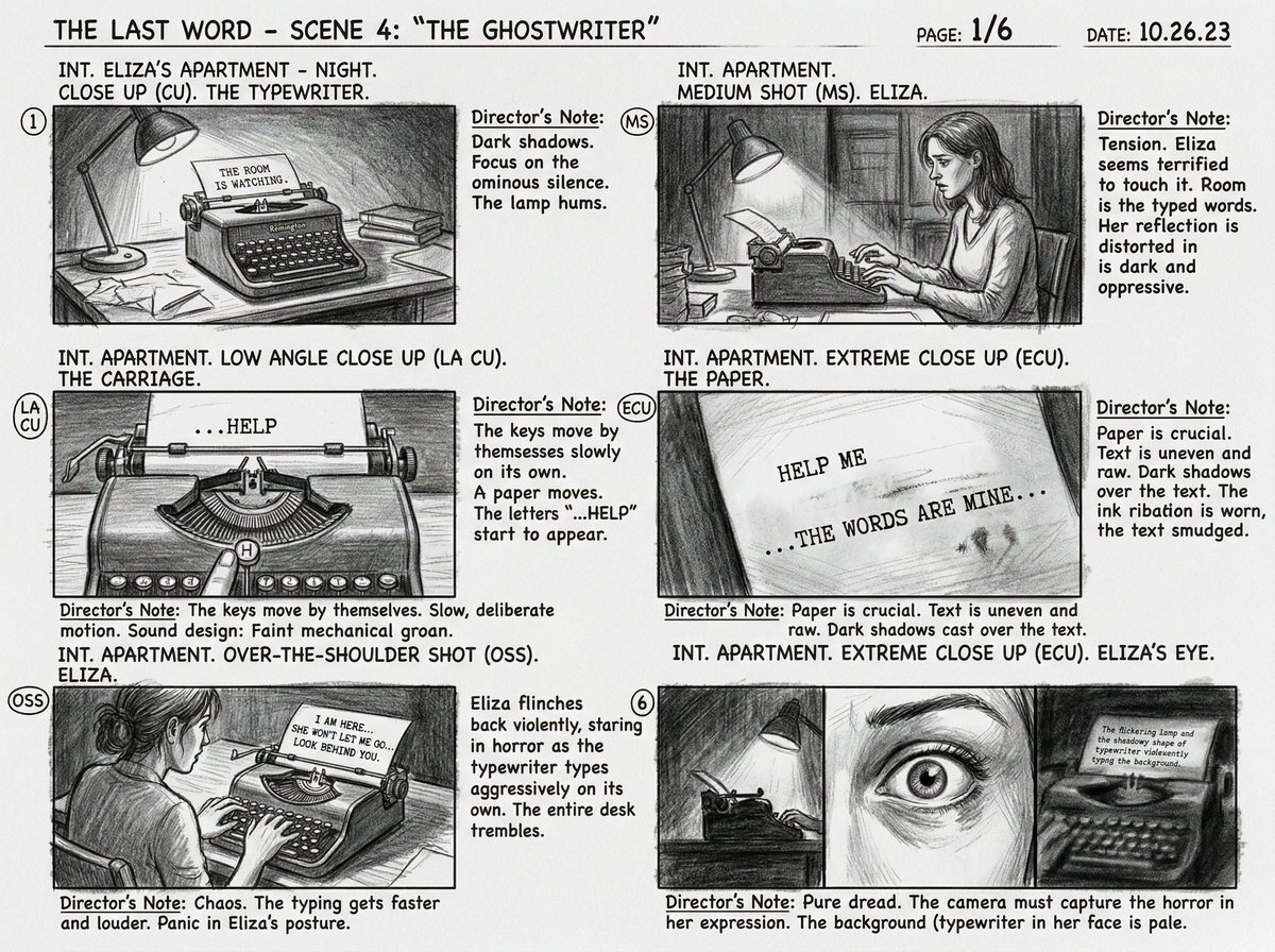 Six-Panel Cinematic Storyboard Sketch — Nano Banana Pro AI Generated Image
