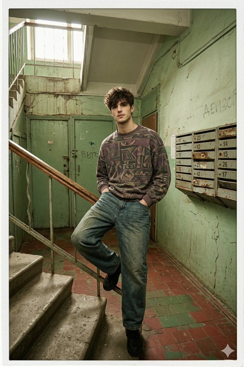 90s Inspired Male Model in Russian Apartment Entrance — Nano Banana Pro AI Generated Image