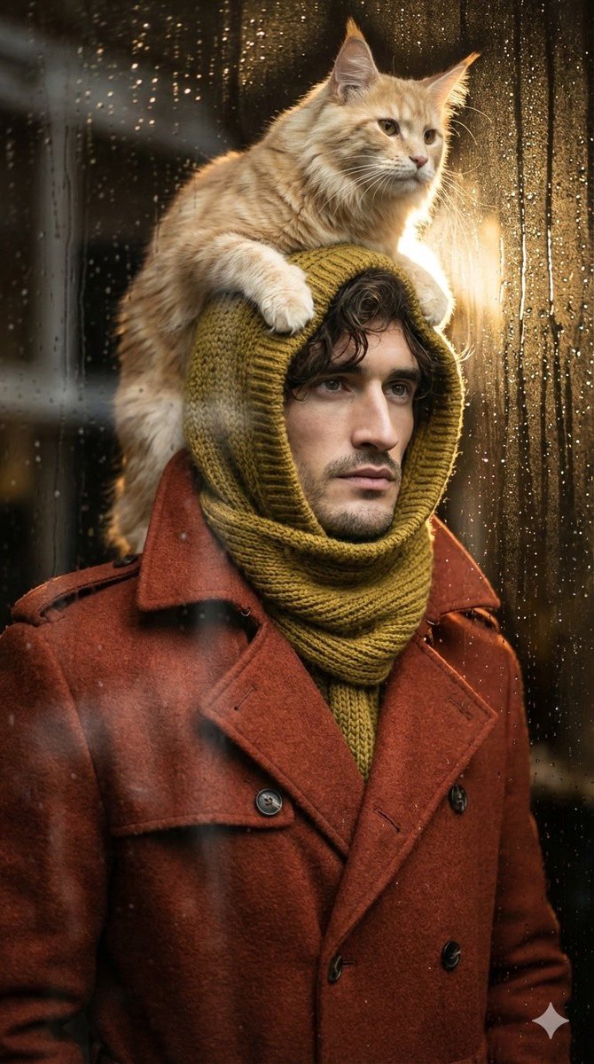Low-angle man with hood scarf and cat on head — Nano Banana Pro AI Generated Image