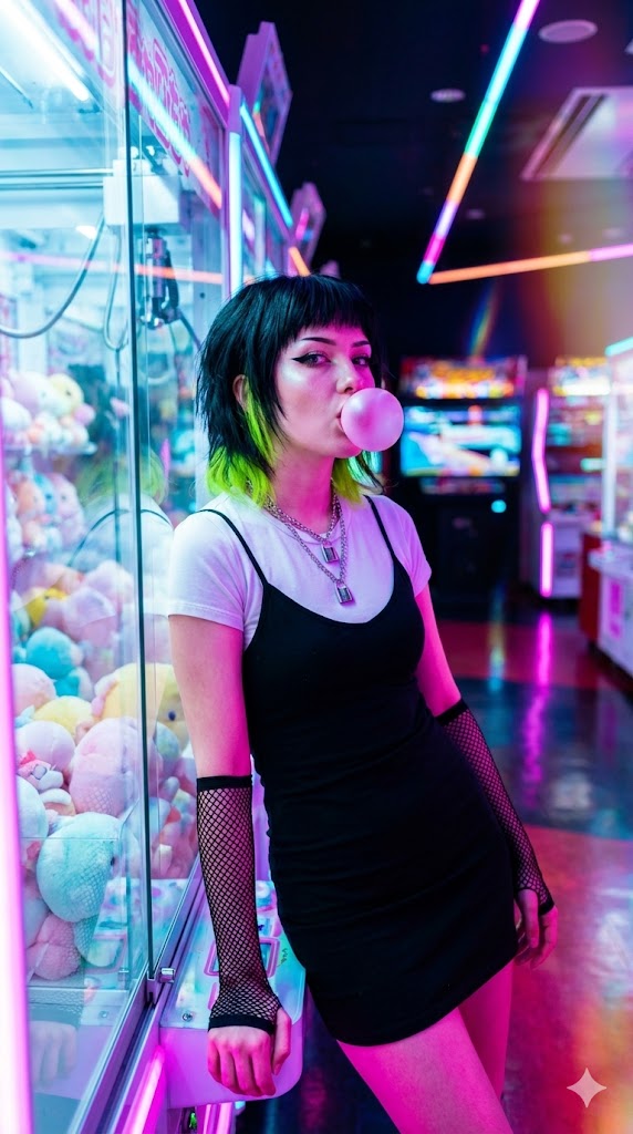 Cyber-Pop E-Girl in Neon Arcade — Nano Banana Pro AI Generated Image