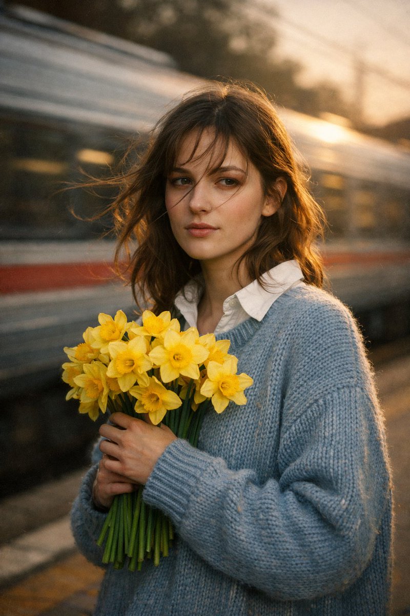 Cinematic Portrait at Railway Platform with Daffodils — Nano Banana Pro AI Generated Image