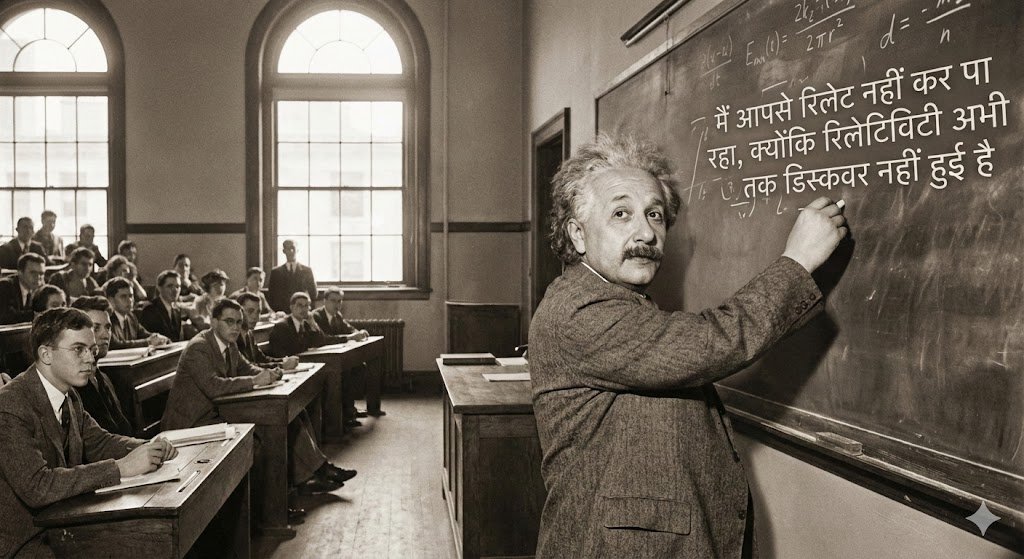 Einstein teaching at MIT with Hindi joke text — Nano Banana Pro AI Generated Image