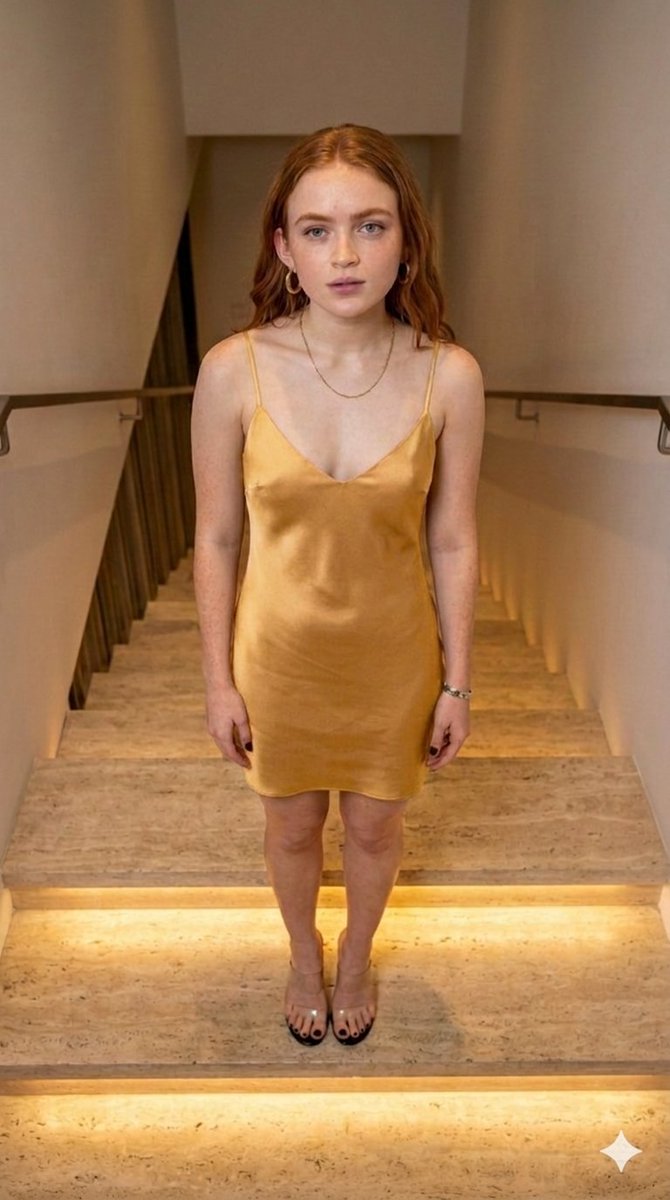 Sadie Sink in Yellow Slip Dress on Illuminated Stairs — Nano Banana Pro AI Generated Image