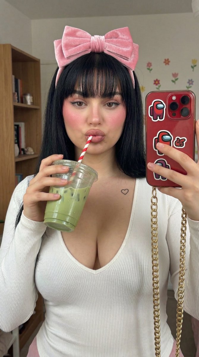 Blush-Heavy Matcha Selfie with Pink Bow Headband — Nano Banana Pro AI Generated Image